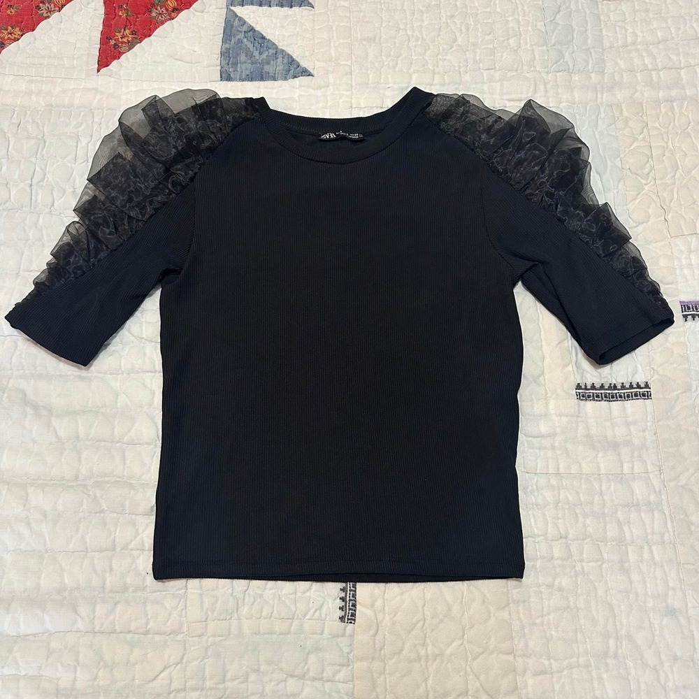 Zara Ribbed Tulle Ruffle Sleeve Top Black Small